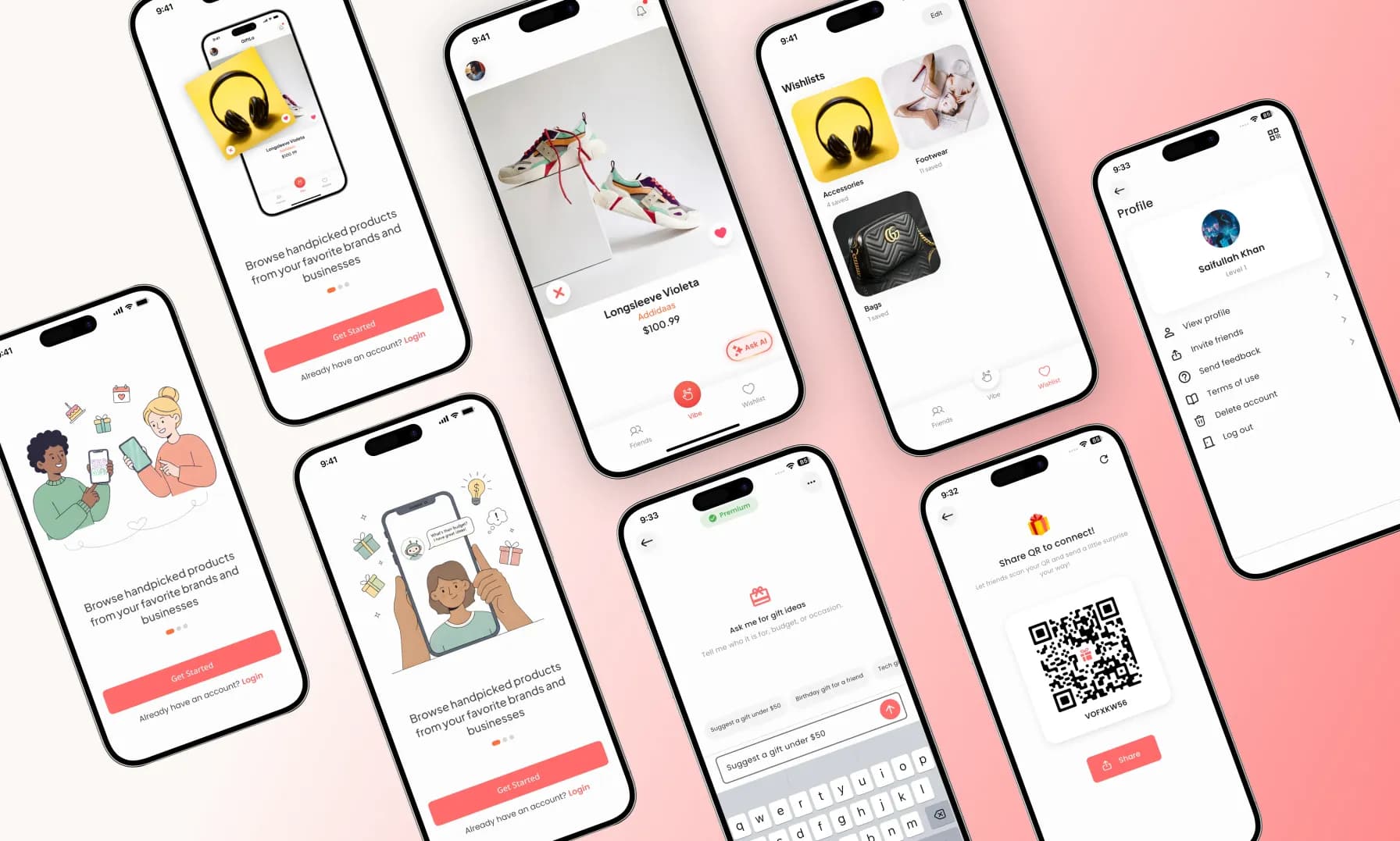 Seven iPhone mockups showing Giftlo's onboarding, product detail with Ask AI, wishlists by category, the AI gift-idea chat, QR profile sharing and the account screen.