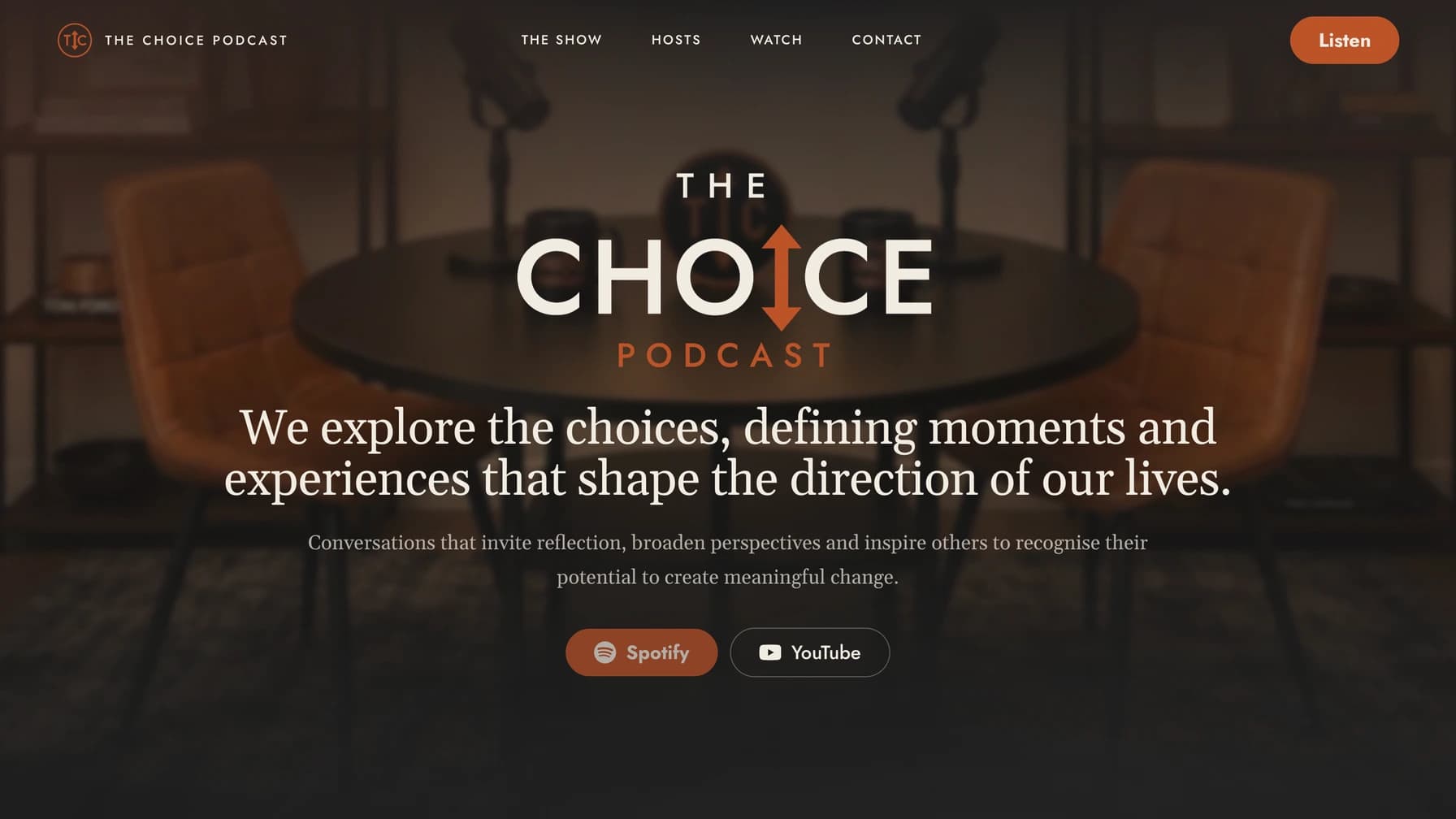 The Choice Podcast home page: the show's logo over a photograph of its studio, the tagline “We explore the choices, defining moments and experiences that shape the direction of our lives” and buttons to listen on Spotify or YouTube.